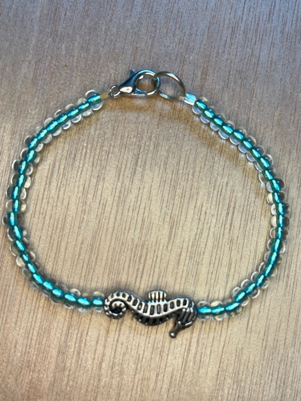 Handmade Teal and Clear Beaded Bracelet with Silver Clasp